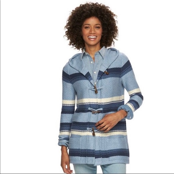 CHAPS Indigo Textured Knit Toggle Button Hooded Jacket in Small Petite - Picture 15 of 15